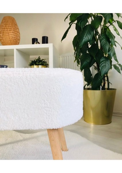 Gürgen Ahşap Ayak Kırık Beyaz Pofidik Tedy Handmade Oval Puf Bench Sandalye