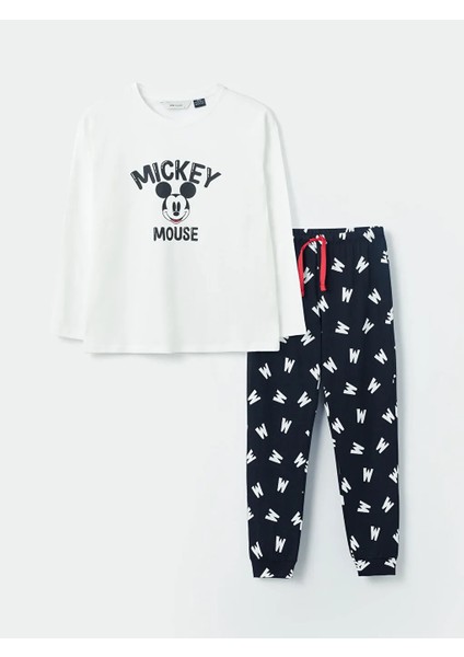 Bisiklet Yaka Mickey Mouse Baskılı Uzun Kollu Kadın Pijama Takımı