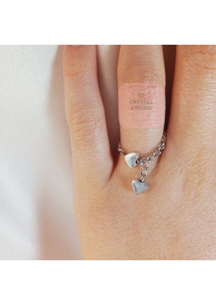 Sevgililer Gününe Özel Zarif Kalp Detaylı Gümüş Kaplama Zincir Yüzük