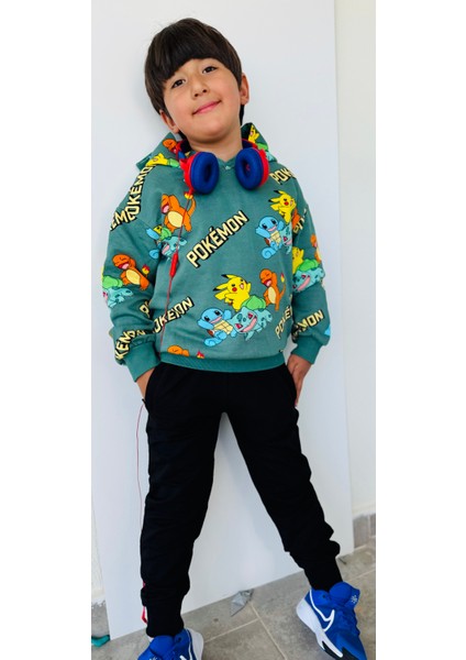 Erkek Çocuk Kapüşonlu Şardonlu Pokemon Desenli Sweatshirt