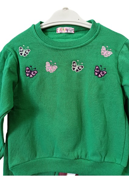 Kelebek Işlemeli Yeşil Kız Çocuk Alt Üst Takım modelleri
