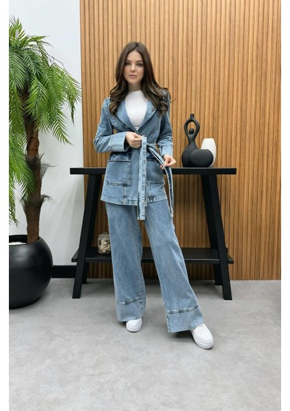 Premium Kalite Denim Kot Ceket Pantolon Takım Bağlamalı Ikili Tasarım Düğme Detaylı Jean Takım
