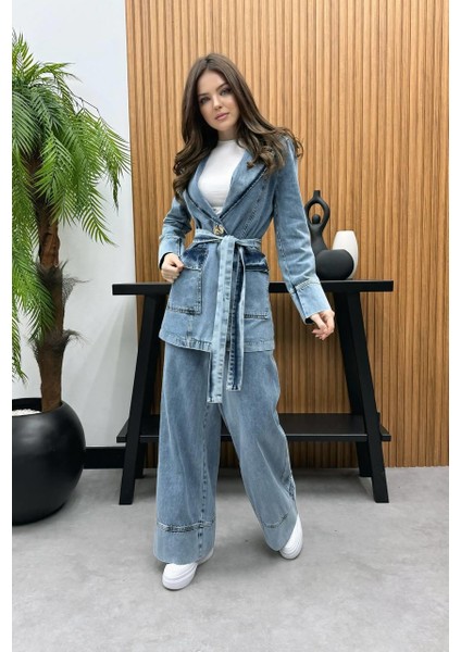 Premium Kalite Denim Kot Ceket Pantolon Takım Bağlamalı Ikili Tasarım Düğme Detaylı Jean Takım