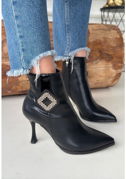 Boncuk Desenli Sivri Burun Yandan Fermuarlı Ince Topuklu Ayakkabı Cilt Siyah Topuk Boyu 9 cm fiyatları