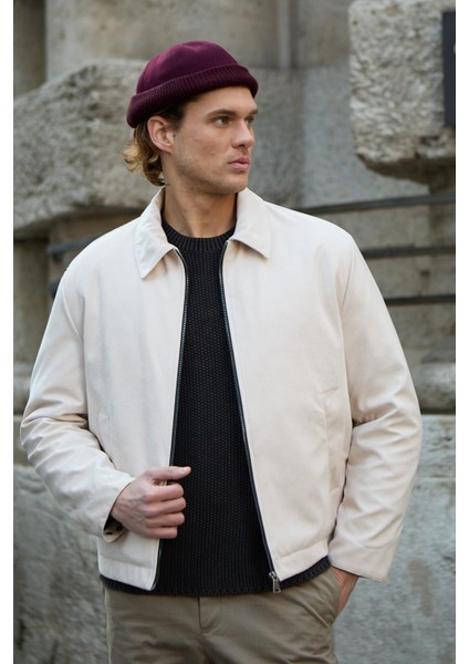 Erkek Deri Detaylı Süet Ekru Ceket Mont - 4023DNGR