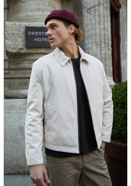 Erkek Deri Detaylı Süet Ekru Ceket Mont - 4023DNGR fiyatları