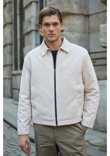 Erkek Deri Detaylı Süet Ekru Ceket Mont - 4023DNGR fırsatları