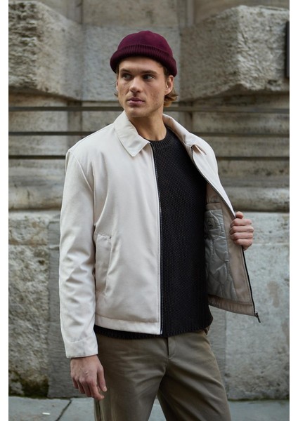 Erkek Deri Detaylı Süet Ekru Ceket Mont - 4023DNGR indirimleri