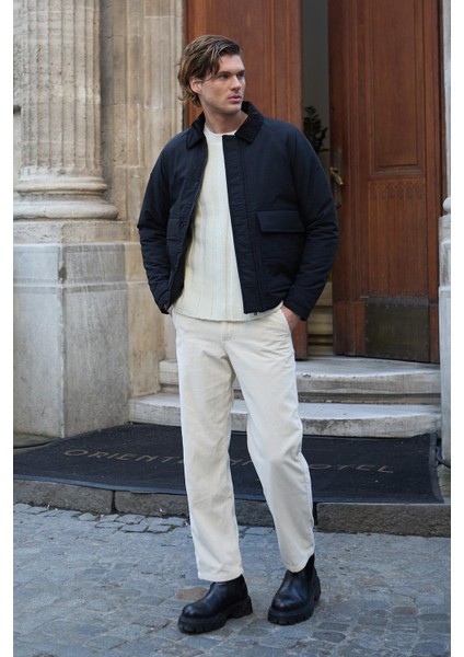 Kontrast Yakalı Su Geçirmez Kapitone Siyah Ceket Mont - 4012DNGR indirimleri