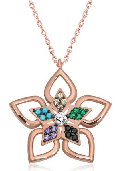 ​925 Ayar Gümüş Renkli Taşlı Çiçek Kadın Gümüş Kolye