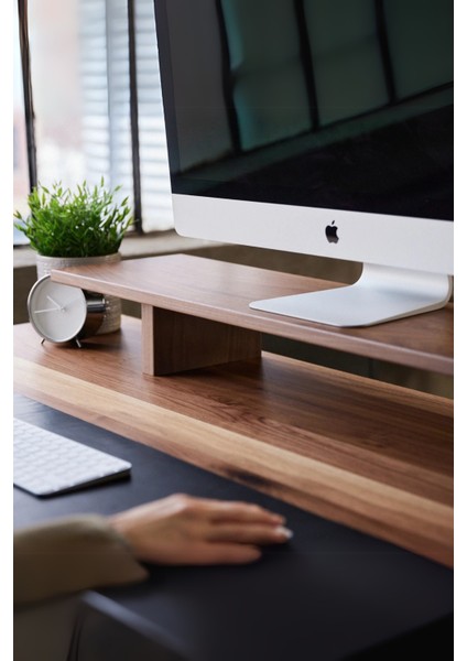 Woodrise Ceviz Rengi - Doğal Ahşap Laptop ve Monitör Standı Bilgisayar ve Ekran Yükseltici (70X19)