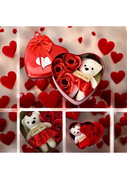 Romantik Sevgililer Günü Hediyesi Mini Boy Zarif Metal Kalp Kutuda Mini Ayıcık ve 3 Yapay Gül (12 Cm)