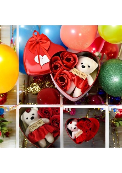 Romantik Sevgililer Günü Hediyesi Mini Boy Zarif Metal Kalp Kutuda Mini Ayıcık ve 3 Yapay Gül (12 Cm)