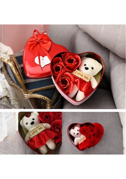 Romantik Sevgililer Günü Hediyesi Mini Boy Zarif Metal Kalp Kutuda Mini Ayıcık ve 3 Yapay Gül (12 Cm)