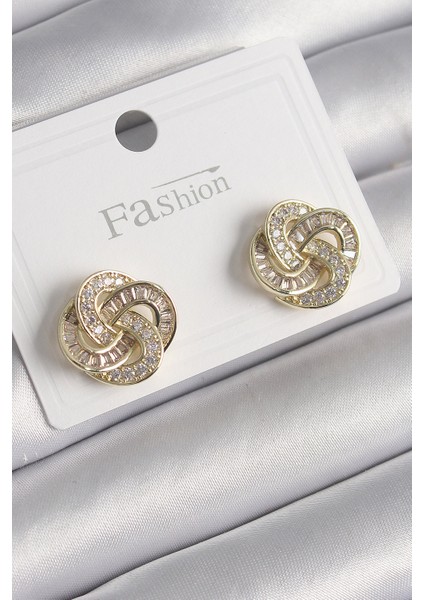 Pirinç Gold Renk Zirkon Taşlı Çiçek Model Kadın Küpe