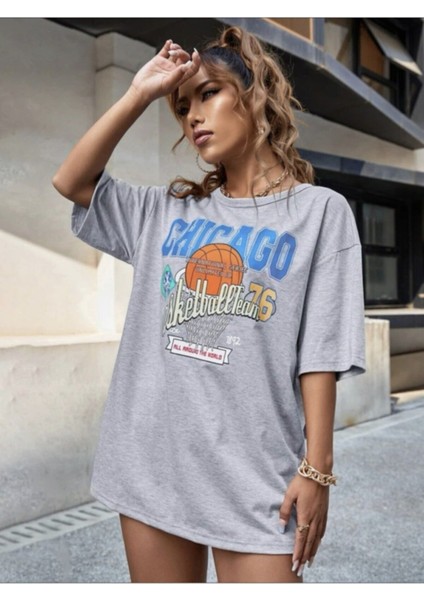 Unisex Siyah Oversize Chicago Baskılı T-Shirt modelleri