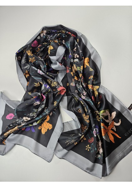 Vual Ipek Şal Papatya Desenli Gri Siyah