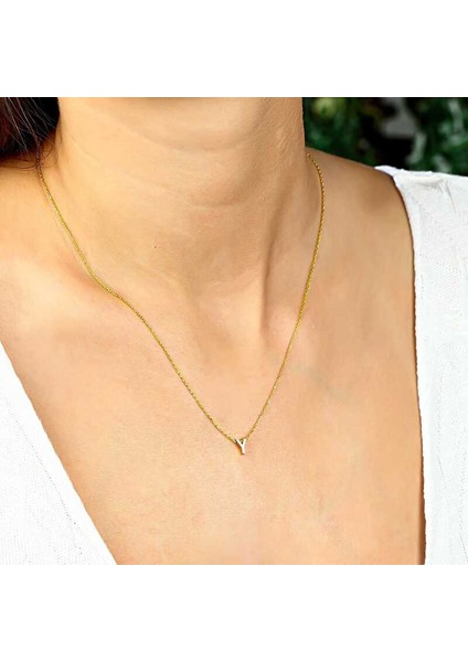 Gümüş Gold 3 Boyutlu Y Harf Bayan Kolye