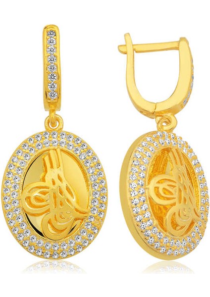 Gümüş Tuğralı Oval Küpe