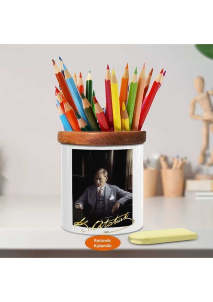Takımlı Asil Mustafa Kemal Ahşap Seramik Kalemlik -R249