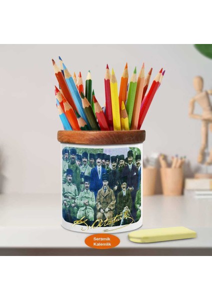 Askerler ve Mustafa Kemal Atatürk Ahşap Seramik KALEMLIK-(896)
