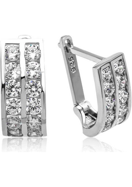 Gümüş Çift Sıra Beyaz Taşlı J Kadın Küpe fiyatları