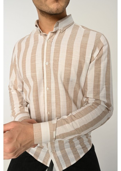 Erkek Gömlek Slim Fit Çizgili Pamuk Keten (Bej)