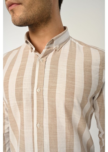 Erkek Gömlek Slim Fit Çizgili Pamuk Keten (Bej)