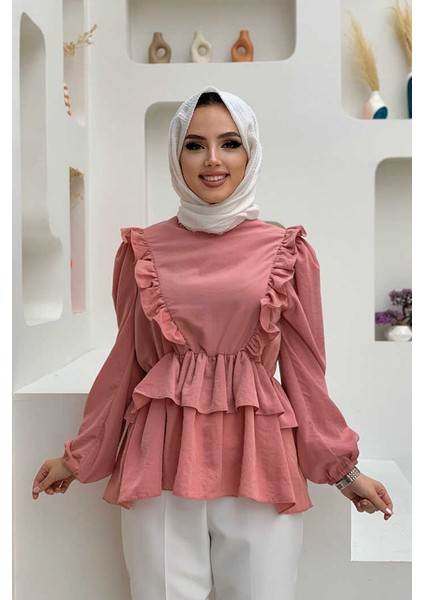 Fırfır Detay Bel Lastikli Kat Görünümlü Bluz 5207 Pudra