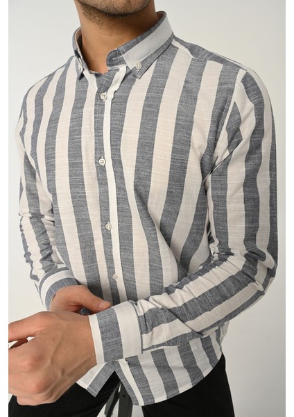 Erkek Gömlek Slim Fit Çizgili Pamuk Keten (Lacivert)