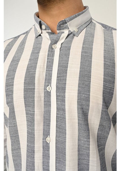 Erkek Gömlek Slim Fit Çizgili Pamuk Keten (Lacivert) fiyatları