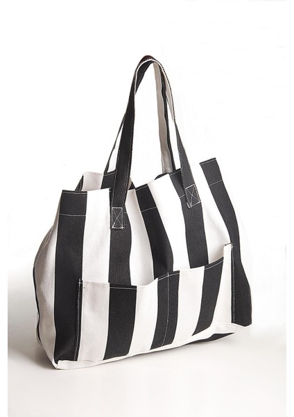 Kadın Kanvas 2 Cepli Günlük Renkli Plaj Omuz Çantası Siyah indirimleri