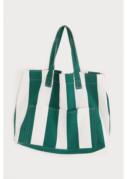 Kadın Kanvas 2 Cepli Günlük Renkli Plaj Omuz Çantası Yeşil