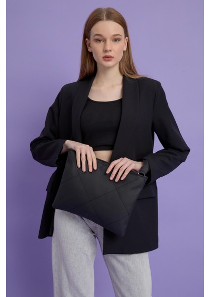 Kadın Siyah Deri Kapitone Clutch El Çantası