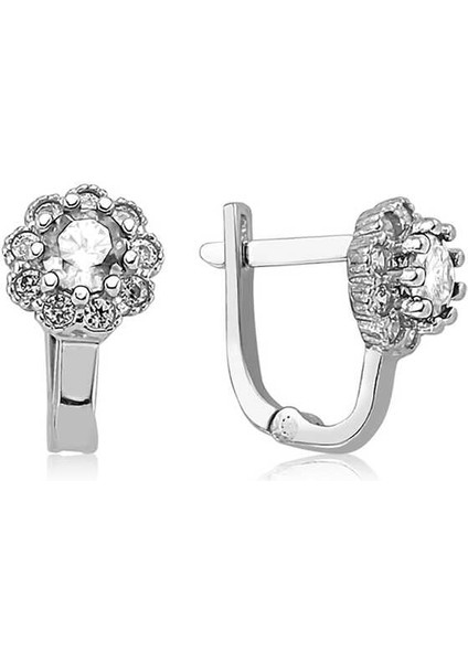 Gümüş Beyaz Çiçek Desenli Yuvarlak J Kadın Küpe