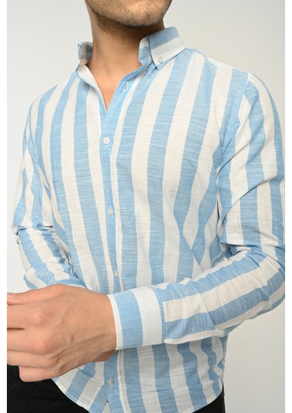 Erkek Gömlek Slim Fit Çizgili Pamuk Keten (Turkuaz)