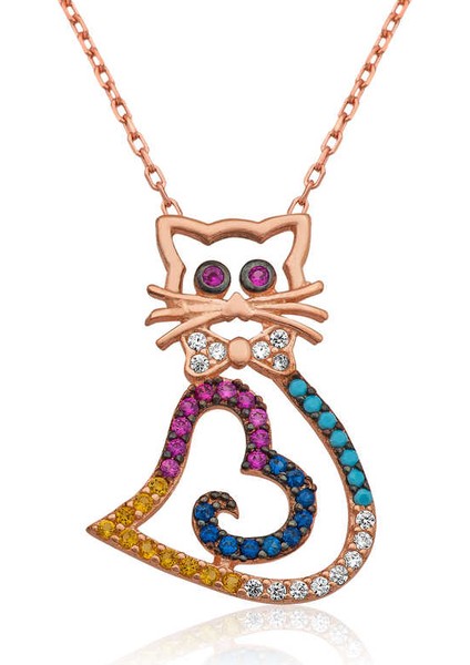 925 Ayar Gümüş Kalpli Kedi Kadın Gümüş Kolye