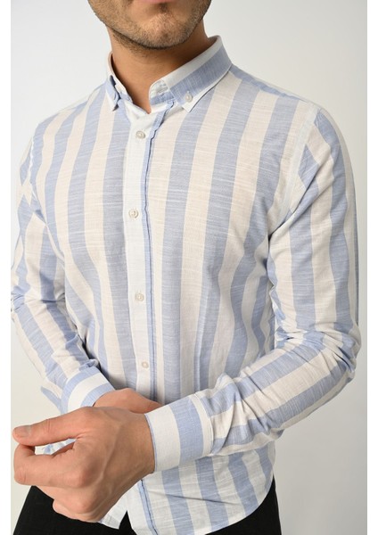 Erkek Gömlek Slim Fit Çizgili Pamuk Keten (Açık Mavi)