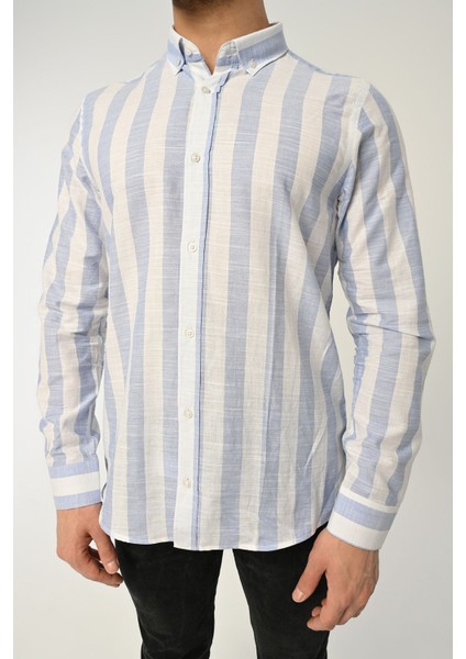 Erkek Gömlek Slim Fit Çizgili Pamuk Keten (Açık Mavi)