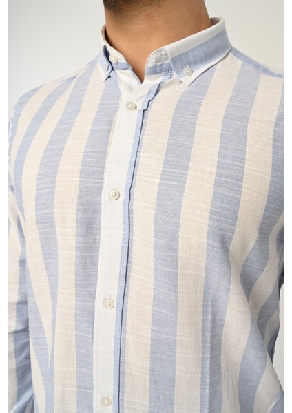 Erkek Gömlek Slim Fit Çizgili Pamuk Keten (Açık Mavi)