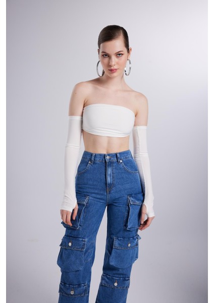 Yüksek Bel Wide Leg Cargo Jean Mavi modelleri