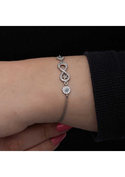 Gümüş Ay Yıldız Nazarlı Sonsuzluk Kadın Bileklik indirimleri