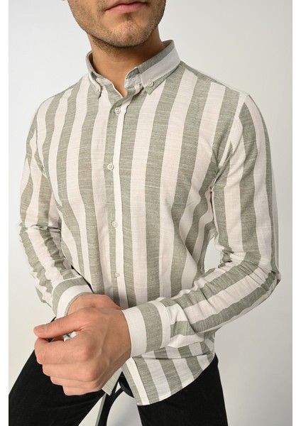 Erkek Gömlek Slim Fit Çizgili Pamuk Keten (Açık Haki)