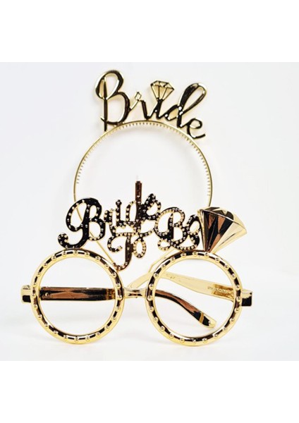 Bride Yazılı Taç ve Bride To Be Yazılı Gözlük Seti Altın Renk