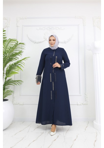 Tesettür Siyah Taş Işlemeli Fermuarlı Büyük Beden Kadın Ferace - Ahsen Ferace fırsatları