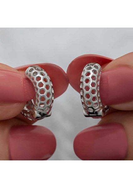 Gümüş Petek Desenli Halka Kadın Küpe