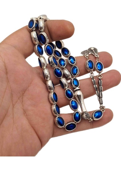 Mavi Mineli Gümüş Benzetme Metal Tesbih
