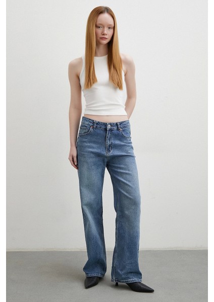 Beş Cepli Yüksek Bel Boru Paça Jean Mavi fiyatları