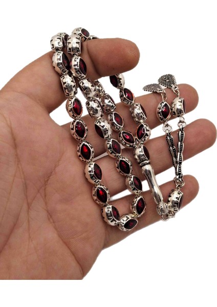 Kırmızı Mineli Gümüş Benzetme Metal Tesbih