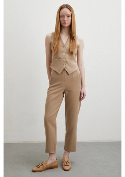 Önü Pensli Skinny Kumaş Pantolon Vizon